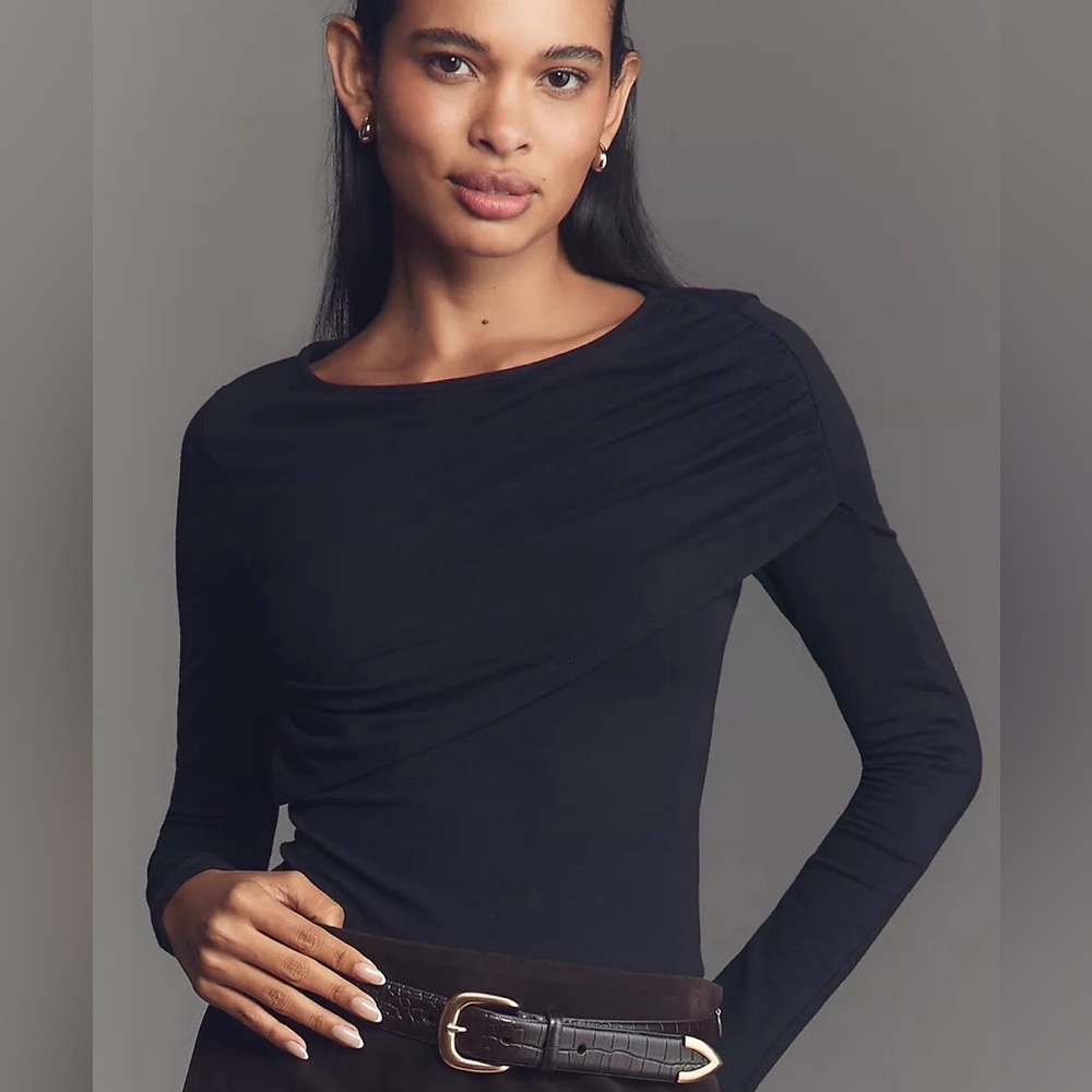Anthropologie Black Long Sleeve Too Ruched Off-Shoulder Top